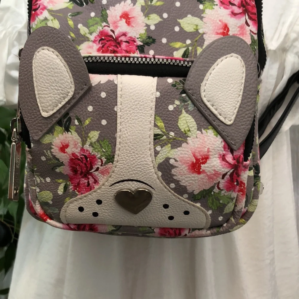 BETSEY JOHNSON French Bull dog roses pattern mini backpack w/shoulder straps